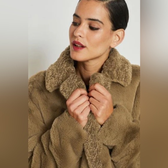 NEXT Direct Olive Green Longline Faux Fur Teddy Borg Mix Coat Size US 10 - Picture 9 of 16